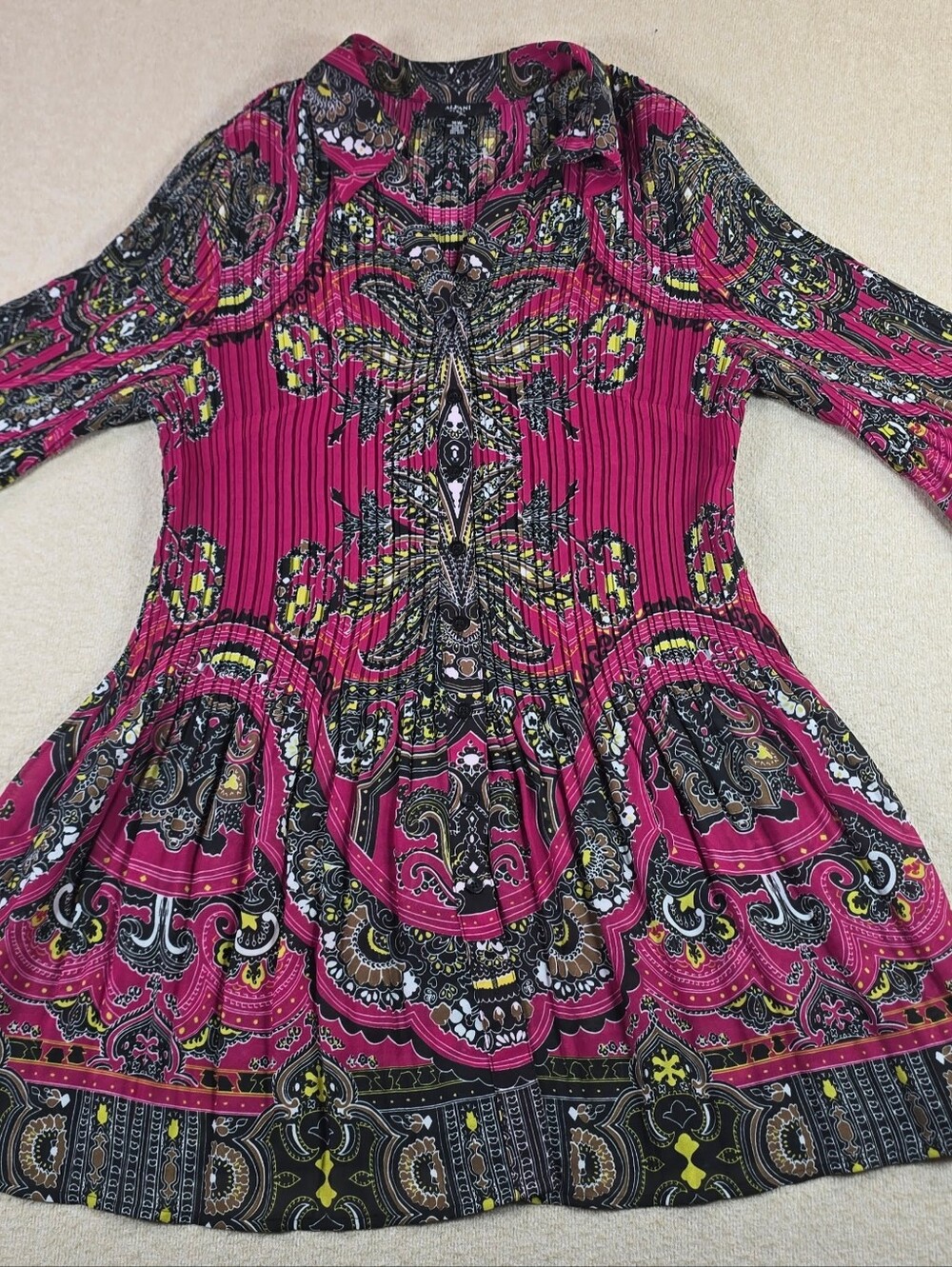 Alfani Women 16W Pink Paisley Tunic Dress Pleated Boho 3/4 Sleeve